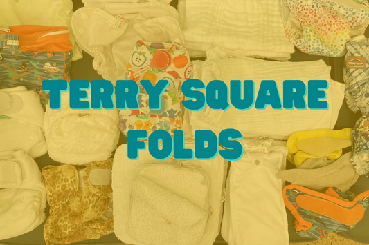 A selection of reusable nappies and accessories, with the title 'terry square folds'