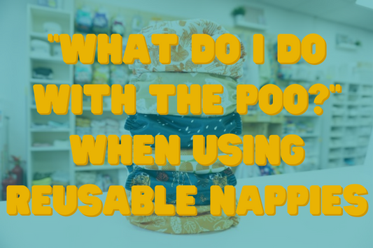 A stack of reusable nappies in an assortment of patterns, featuring the title "what do I do with the poo when using reusable nappies"