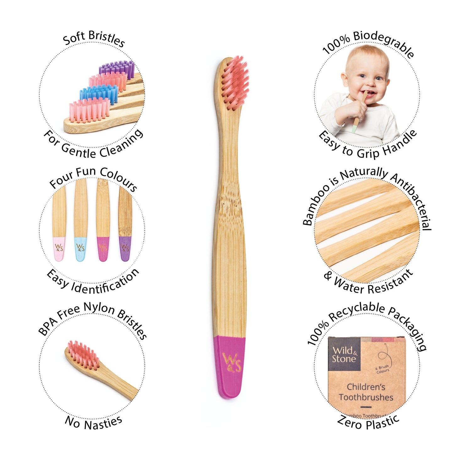 Wild & Stone Children's Bamboo Toothbrush 4 Pack - Candy