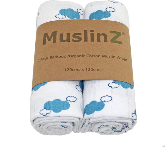 Muslinz Bamboo and Organic Cotton Muslin Swaddles 2pk - Blue Cloud