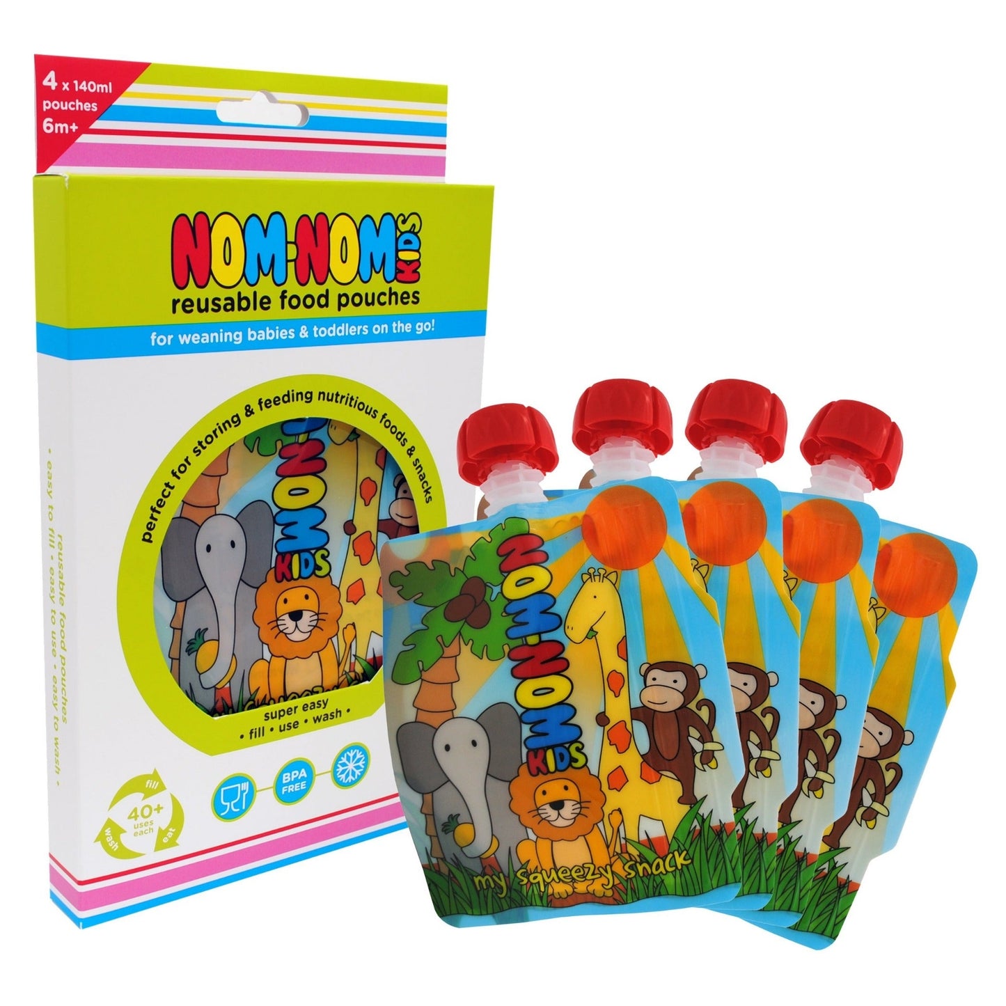 Nom Nom Kids Reusable Animal Food Pouches 4pk