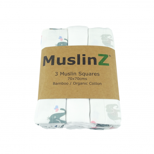 MuslinZ Organic Cotton and Bamboo Muslin Squares 3pk - Elephant