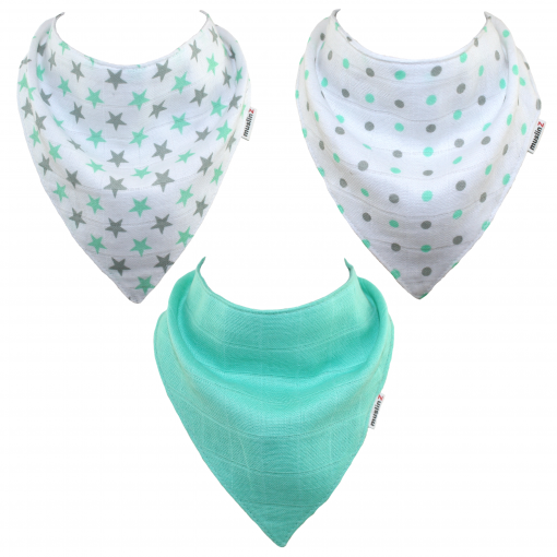 Muslinz 100% Cotton Dribble Bibs 3pk - Mint/Grey Stars