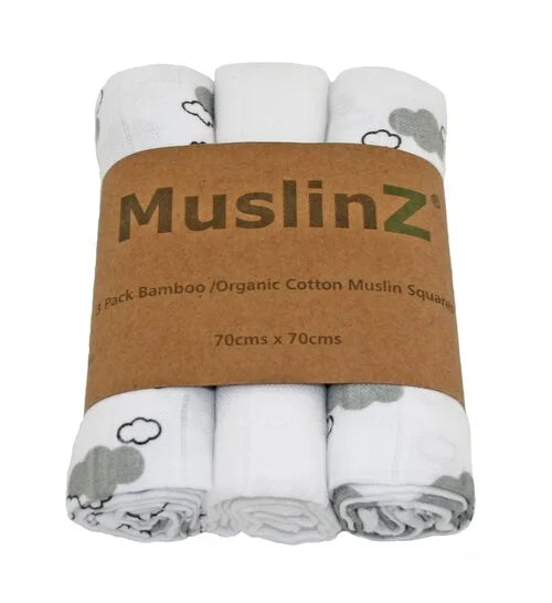 MuslinZ Organic Cotton and Bamboo Muslin Squares 3pk - Grey Cloud