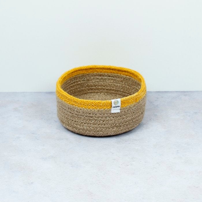 ReSpiin Shallow Seagrass & Jute Small Basket - Natural/Yellow