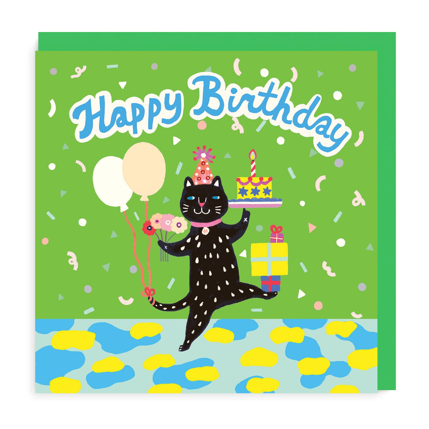 Green Dancing Cat Happy Birthday Card