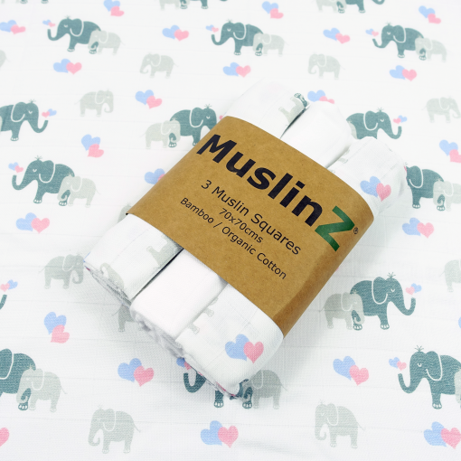 MuslinZ Organic Cotton and Bamboo Muslin Squares 3pk - Elephant