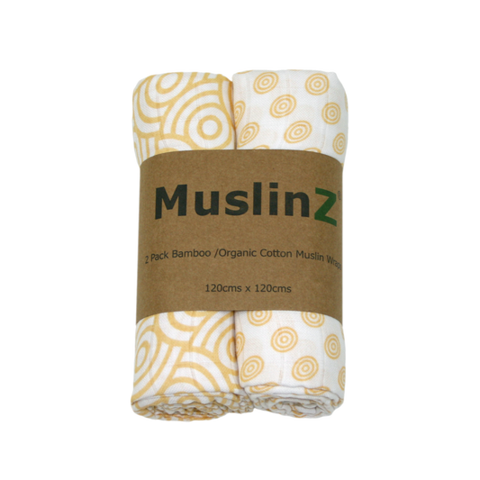 Muslinz Bamboo and Organic Cotton Muslin Swaddles 2pk - Gold Print