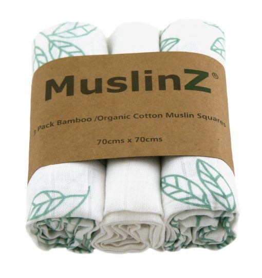 MuslinZ Organic Cotton and Bamboo Muslin Squares 3pk - Aqua Leaf