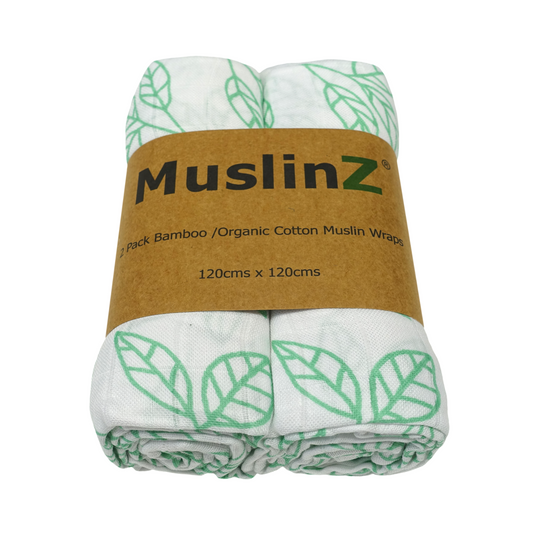 Muslinz Bamboo and Organic Cotton Muslin Swaddles 2pk - Aqua Leaf