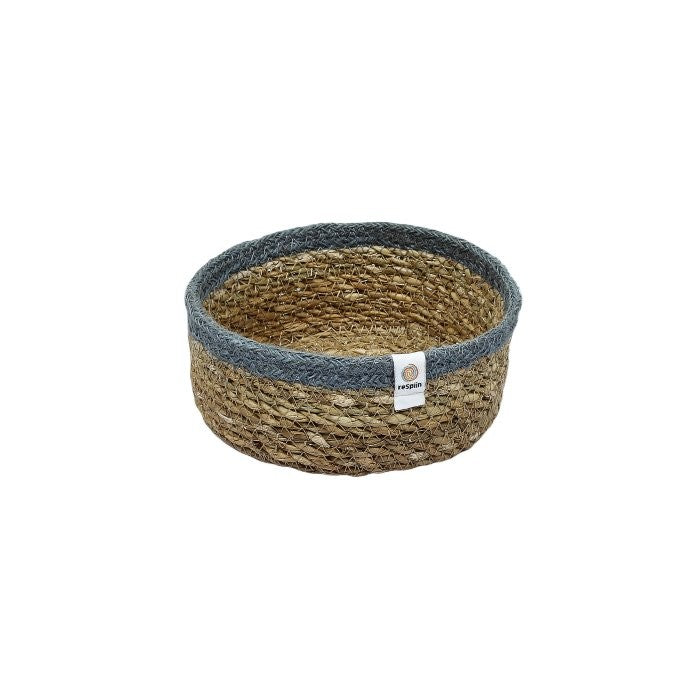 ReSpiin Shallow Seagrass & Jute Small Basket - Natural/Grey